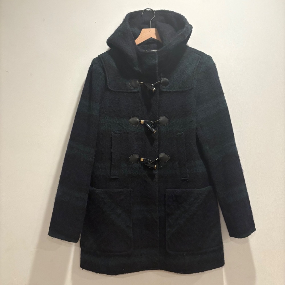 Womens‎ Plaid Duffle Coat Wool Hood Toggle Black Green  Preppy Heritage Winter 8